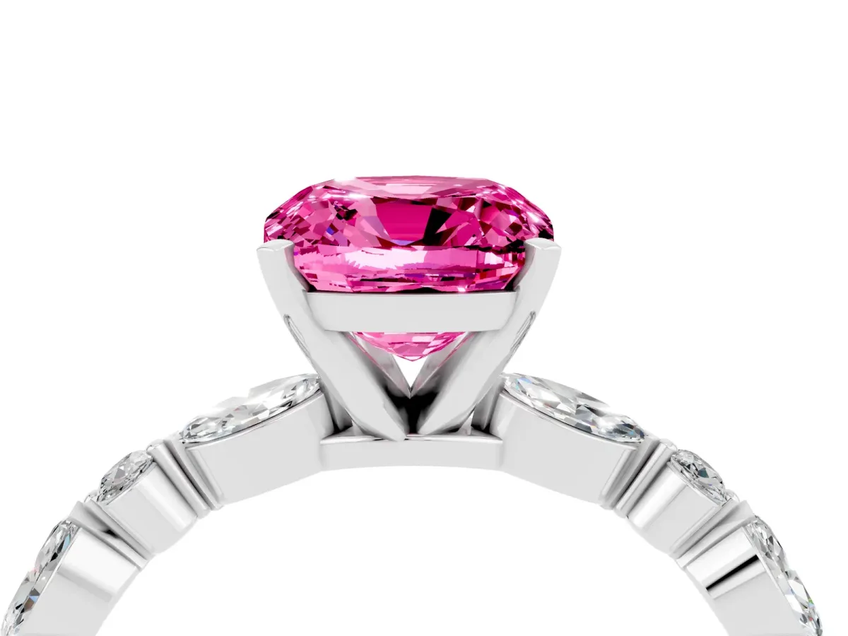 Cushion Cut Pink Sapphire Ring with Marquise and Round Side Stones and Four-Prong Setting White gold