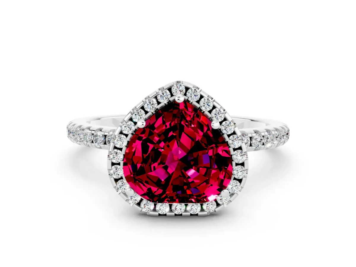 Heart Cut Garnet Halo Engagement Ring with Round Pavé Band and Prong Setting Platinum