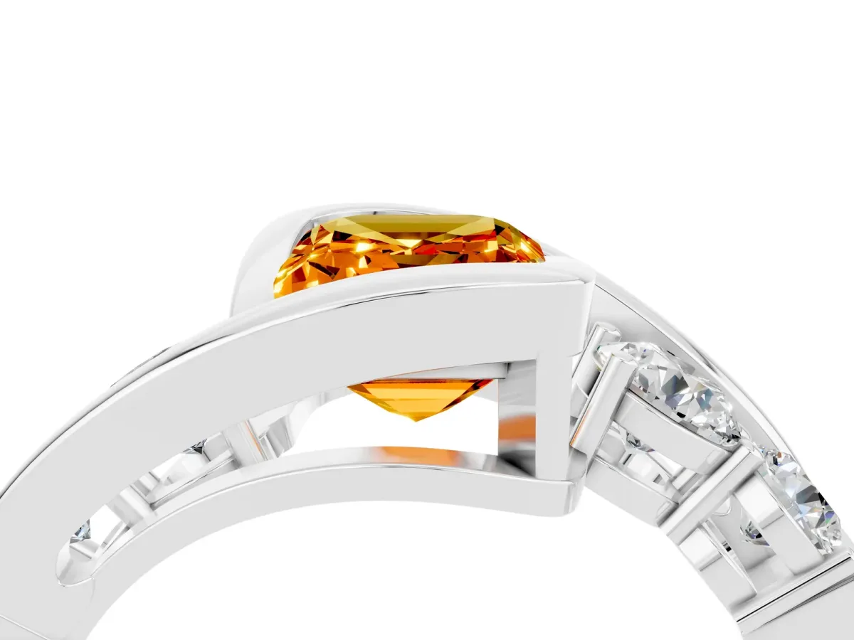 Bezel Set Emerald Cut Citrine Bypass Ring with Round Accents Silver