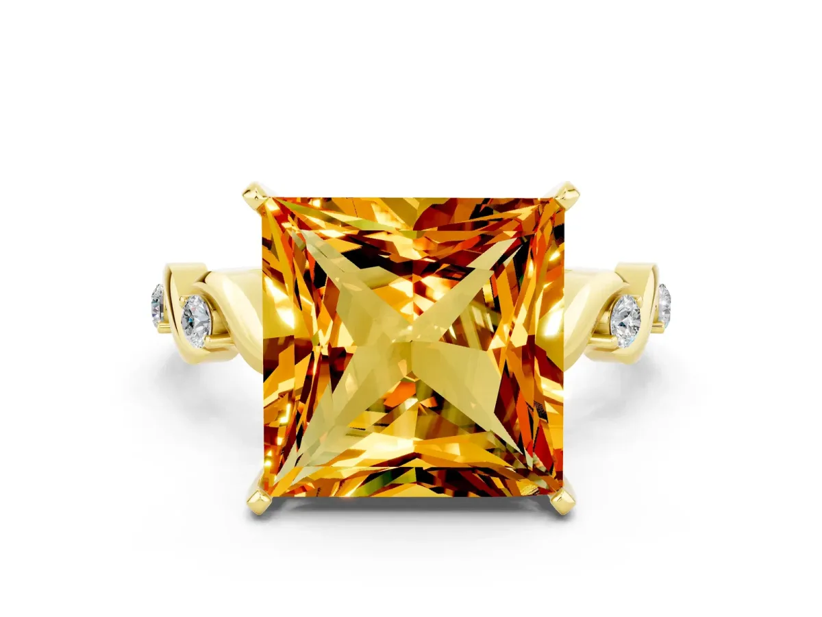 Princess Cut Citrine Solitaire Twisted Band with Round Accents and Prong Setting Yellow gold
