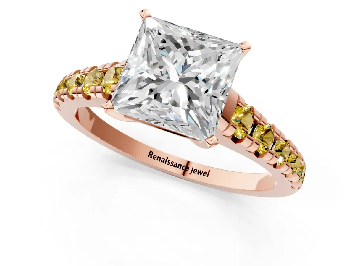 Princess Cut Diamond Cathedral Solitaire Ring with Round Yellow Sapphire Pavé Band Rose gold
