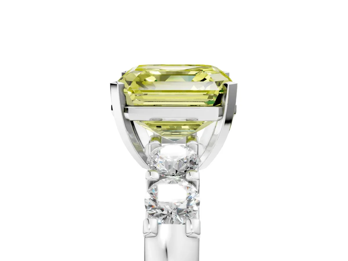 Fancy Yellow Asscher Cut Brilliant Cut Diamond Five-Stone Prong Set Engagement Ring with Channel Band Platinum
