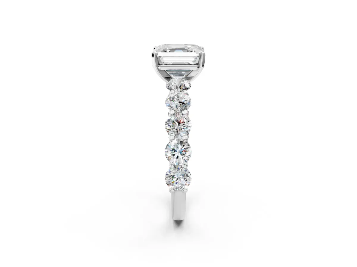 Asscher Cut Diamond Prong Setting with Side Stones on a Pave Band Silver
