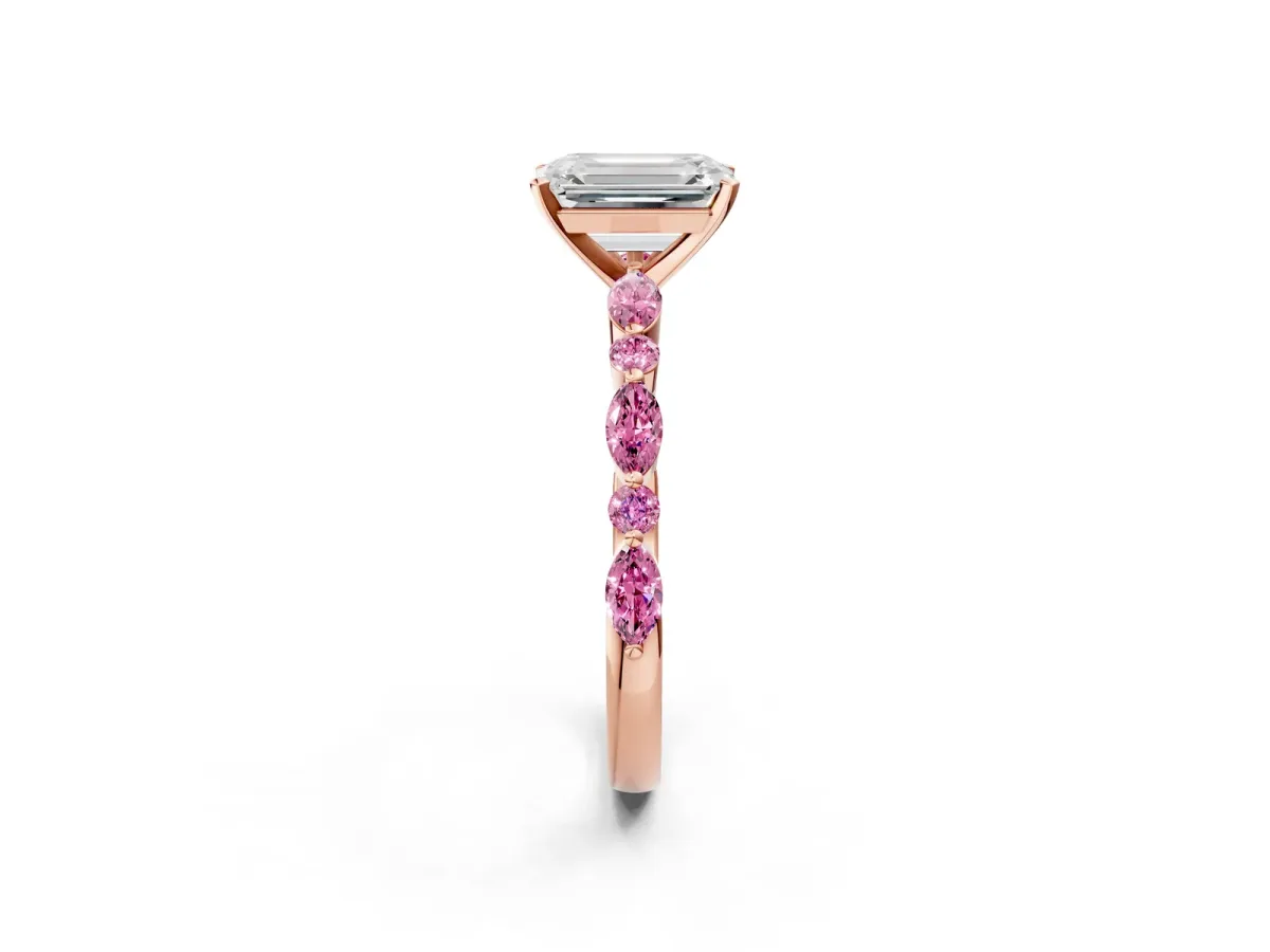 Emerald Cut Diamond Ring with Marquise and Round Pink Sapphire Side Stones and Four-Prong Setting Rose gold