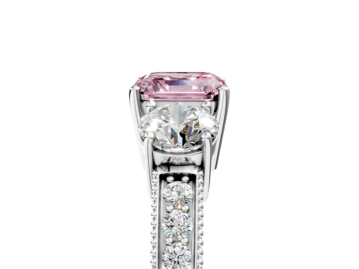 Fancy Pink Asscher Cut Three-Stone Diamond Ring with Pavé Band and Four-Prong Setting Platinum