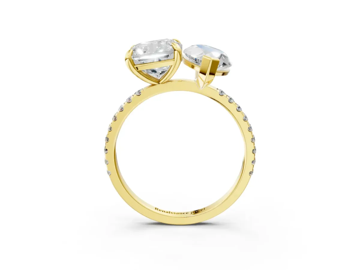 Cushion and Marquise Toi Moi Ring with Prong Setting and Pave Band Yellow gold