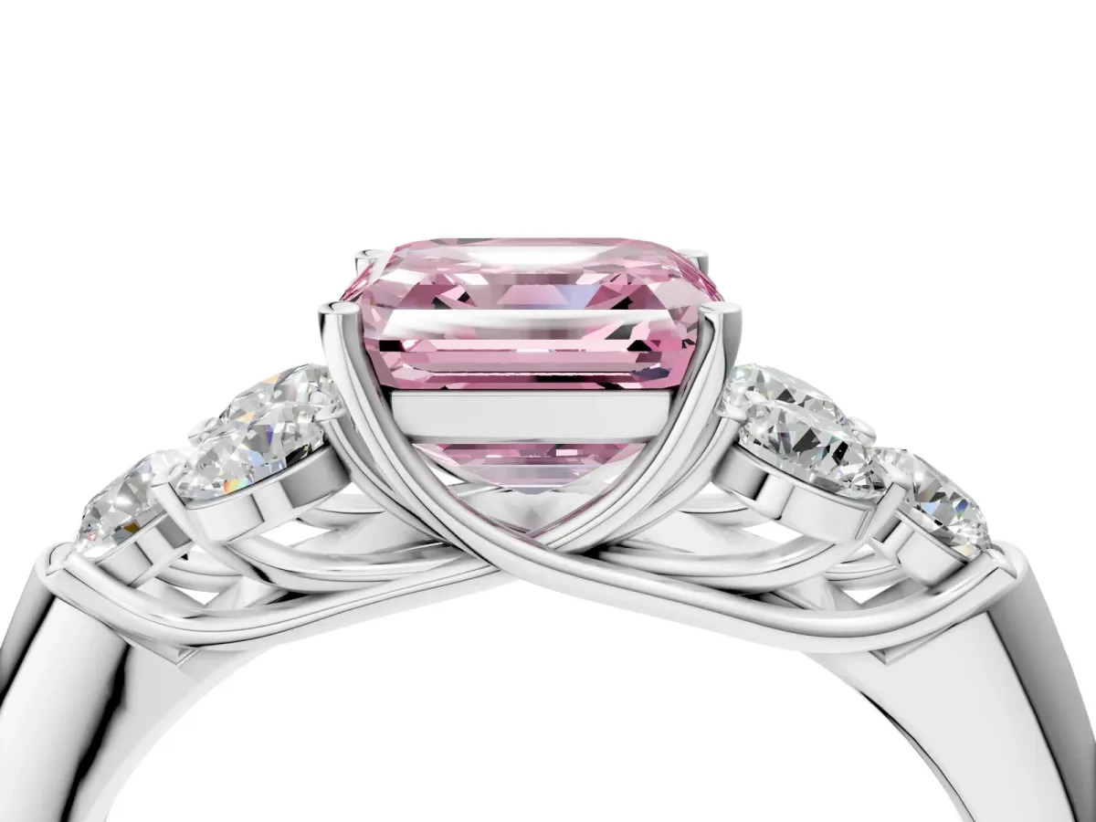 Fancy Pink Asscher Cut Cut Diamond Cluster Ring with Round Accent Stones and Prong Setting on a Classic Band Platinum