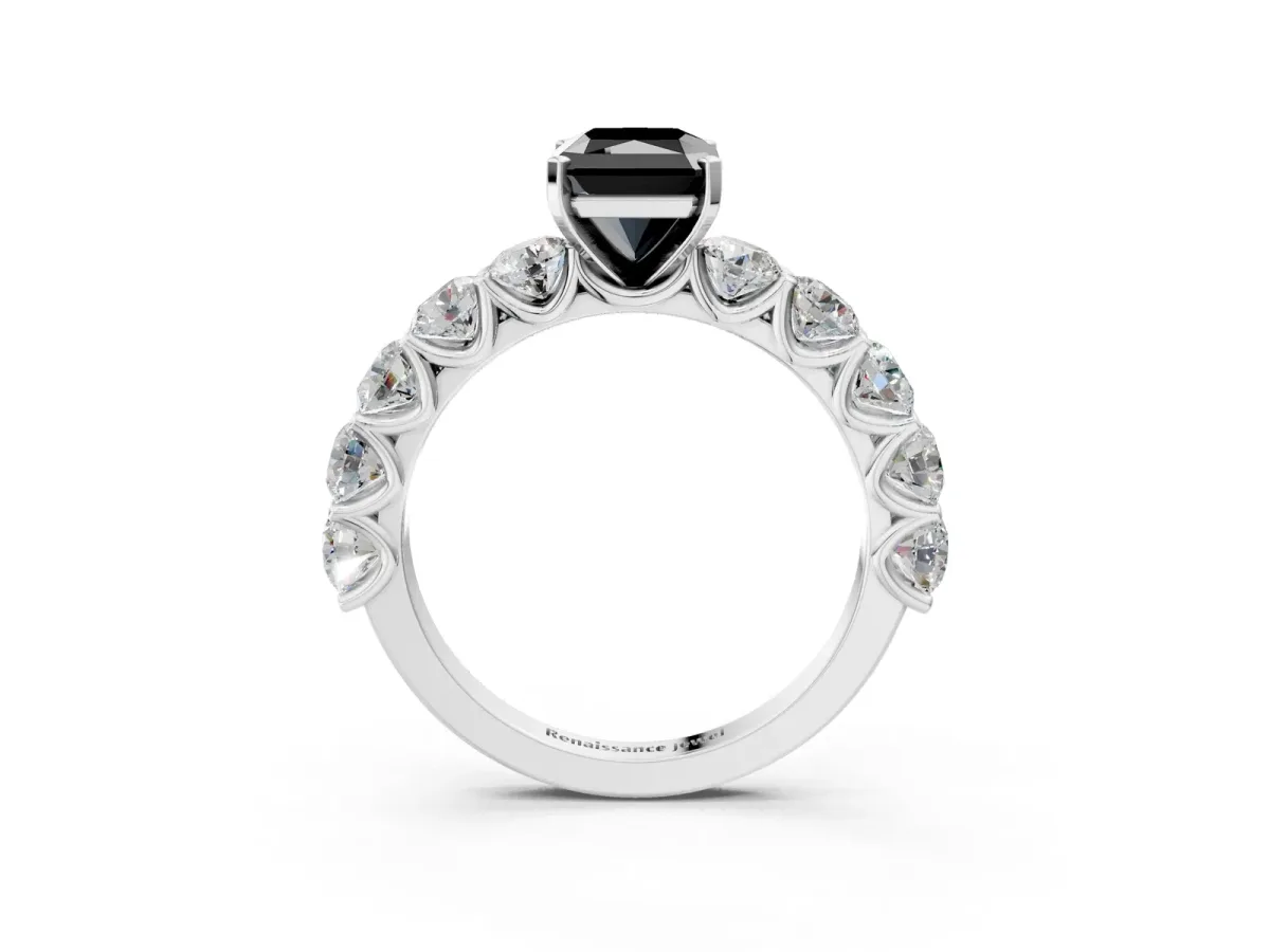 Fancy Black Radiant Cut Diamond Prong Setting with Side Stones on a Pave Band Silver