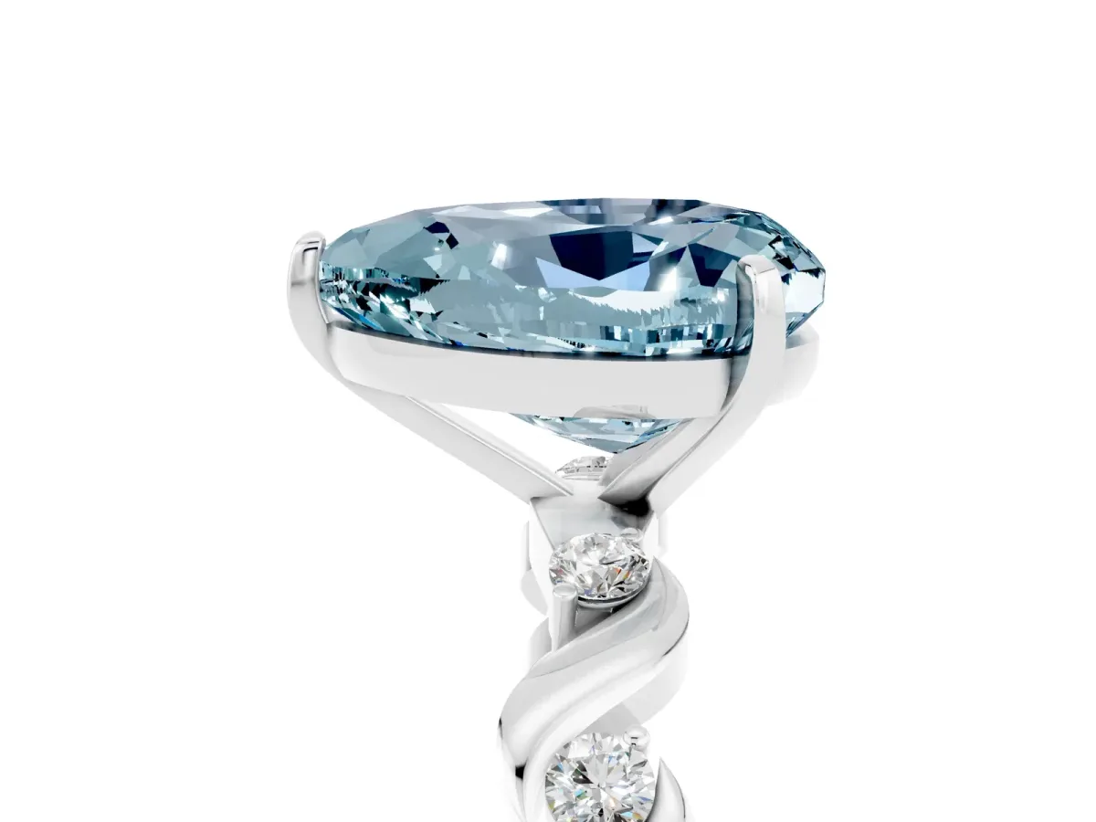 Heart Cut Aquamarine Solitaire Twisted Band with Round Accents and Prong Setting Platinum