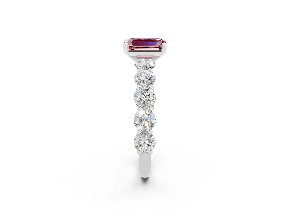 Emerald Cut Morganite Prong Setting with Side Stones on a Pave Band Silver