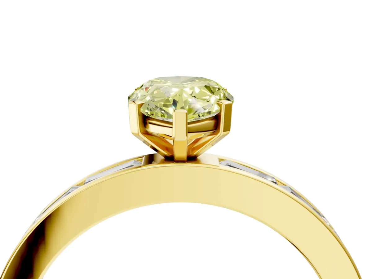 Fancy Yellow Pear Cut Solitaire Diamond Ring with Channel-Set Baguette Band and Four-Prong Setting Yellow gold