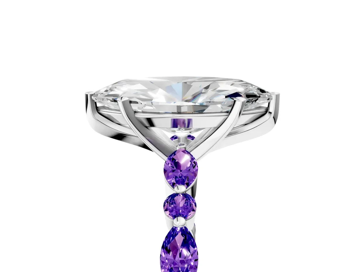 Marquise Cut Diamond Ring with Marquise and Round Tanzanite Side Stones and Four-Prong Setting White gold
