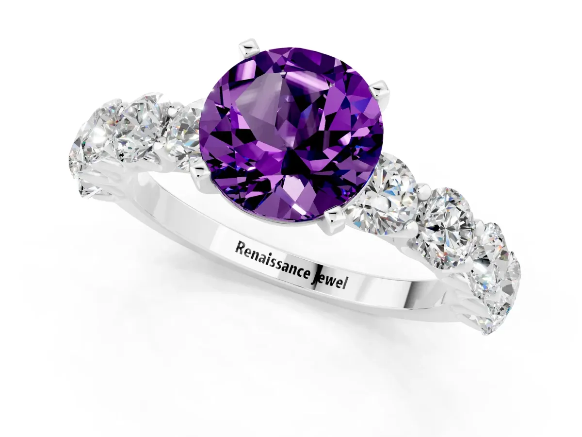 Round Cut Amethyst Prong Setting with Side Stones on a Pave Band White gold