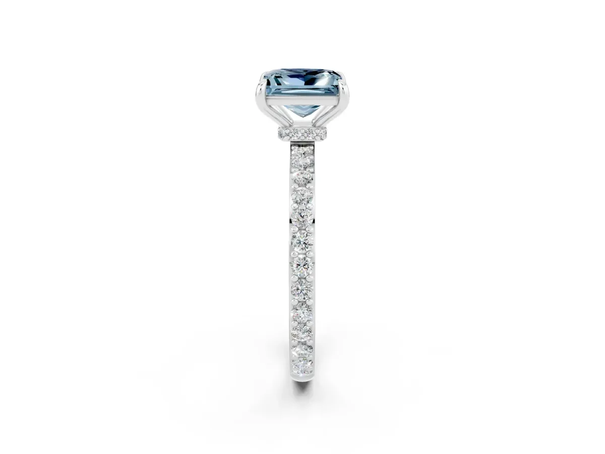 Princess Cut Aquamarine Solitaire Engagement Ring with Pavé Band and Four-Prong Setting Platinum
