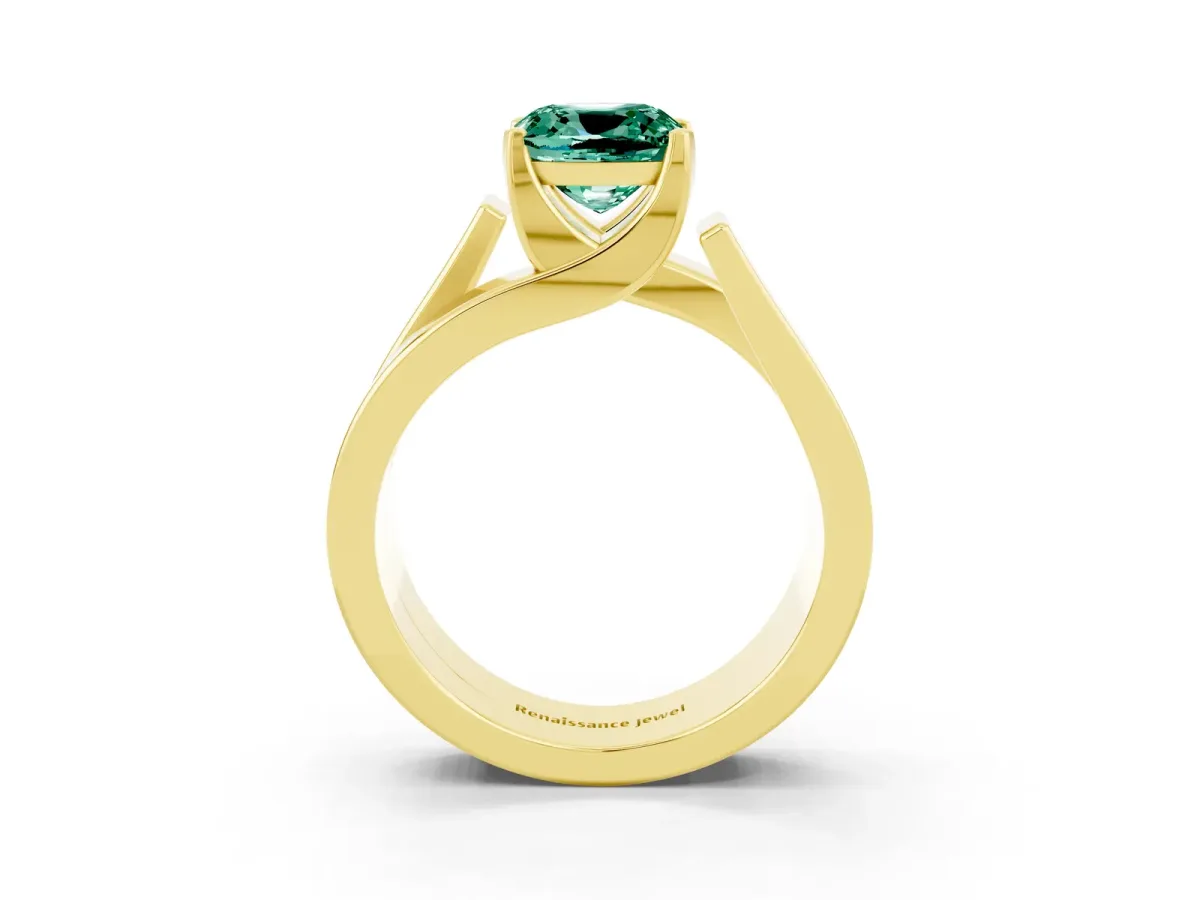 Modern Tension Set Cushion Cut Green Sapphire Solitaire Wide Band Ring Yellow gold