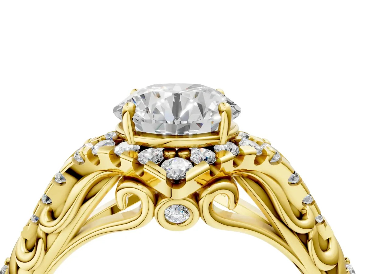 Round Cut Diamond Solitaire Ring with Hidden Halo and Pavé Band Yellow gold