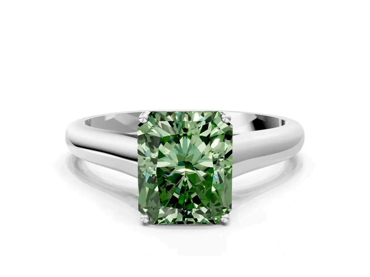 Fancy Green Radiant Cut Solitaire Engagement Ring with Tapered Band and Four-Prong Setting Platinum
