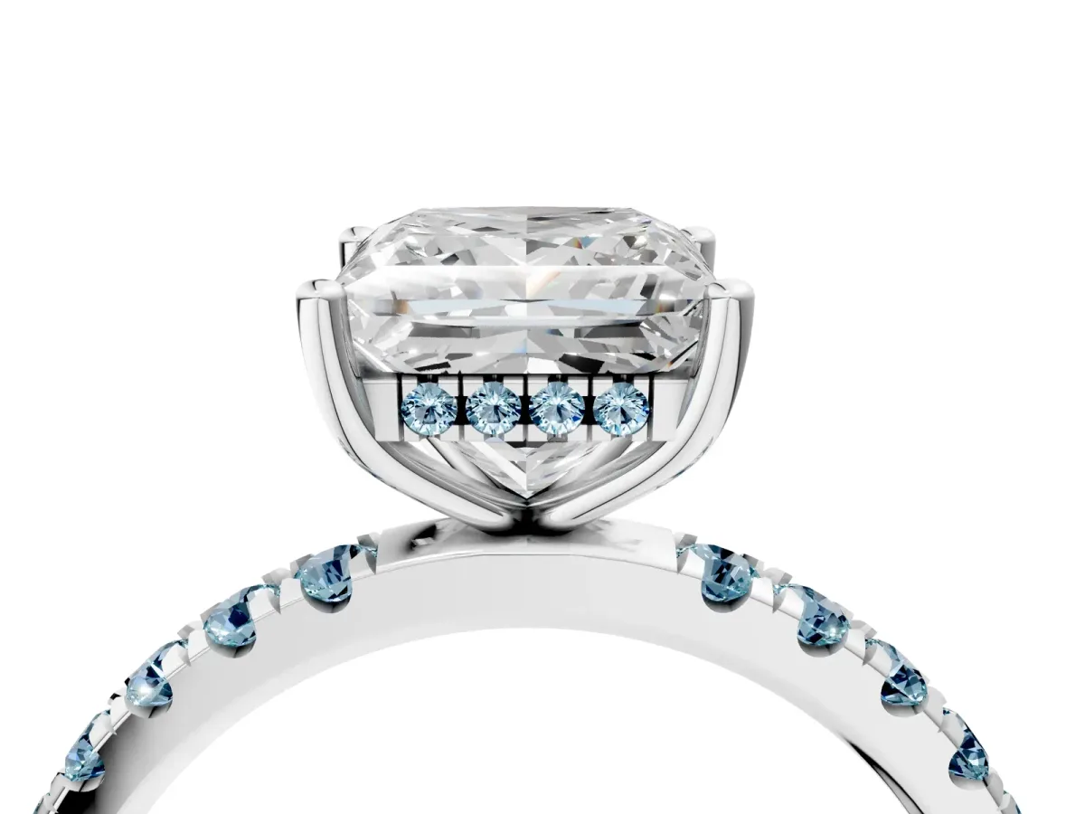 Princess Cut Diamond Pave Band Solitaire Ring with Round Aquamarine and Prong Setting White gold