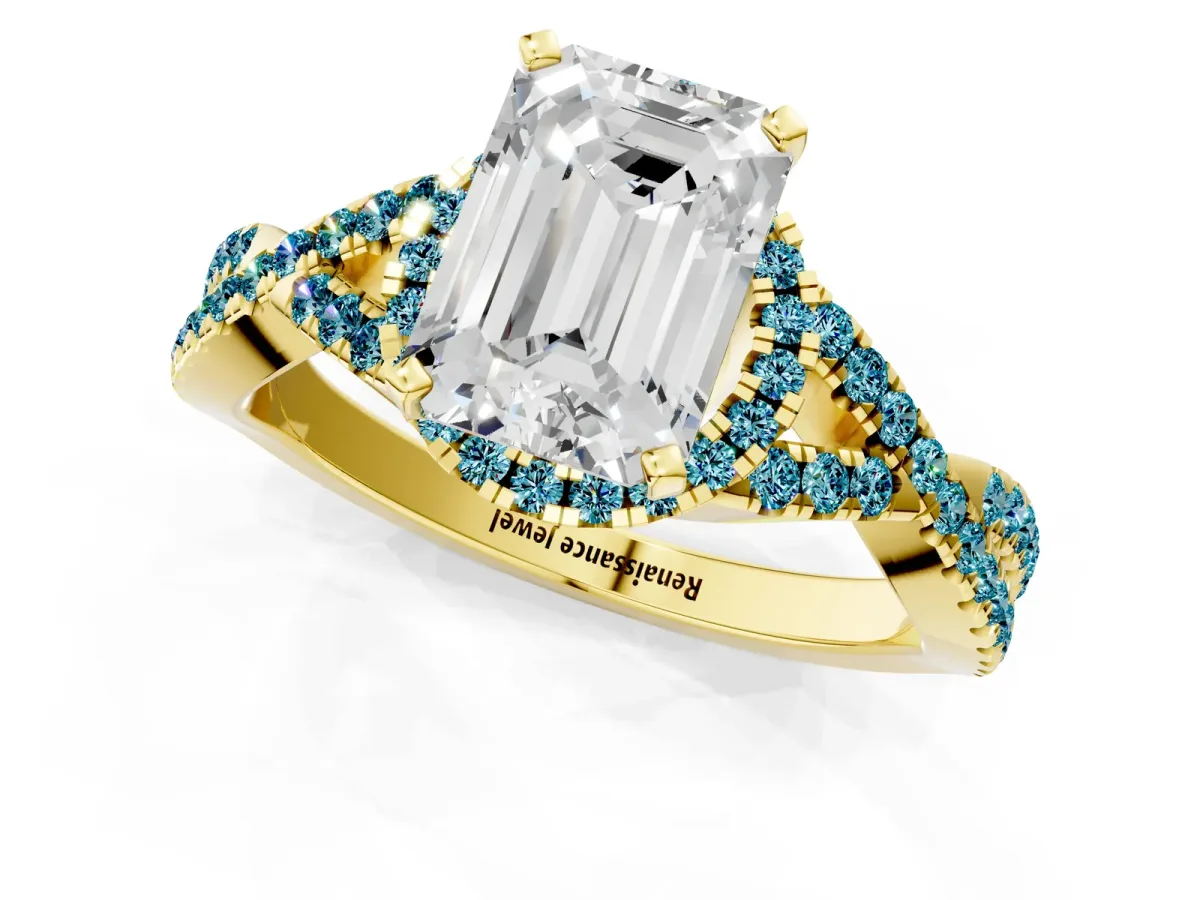 Emerald Cut Diamond Blue Topaz Halo Twist Band Solitaire Prong Setting Ring Yellow gold