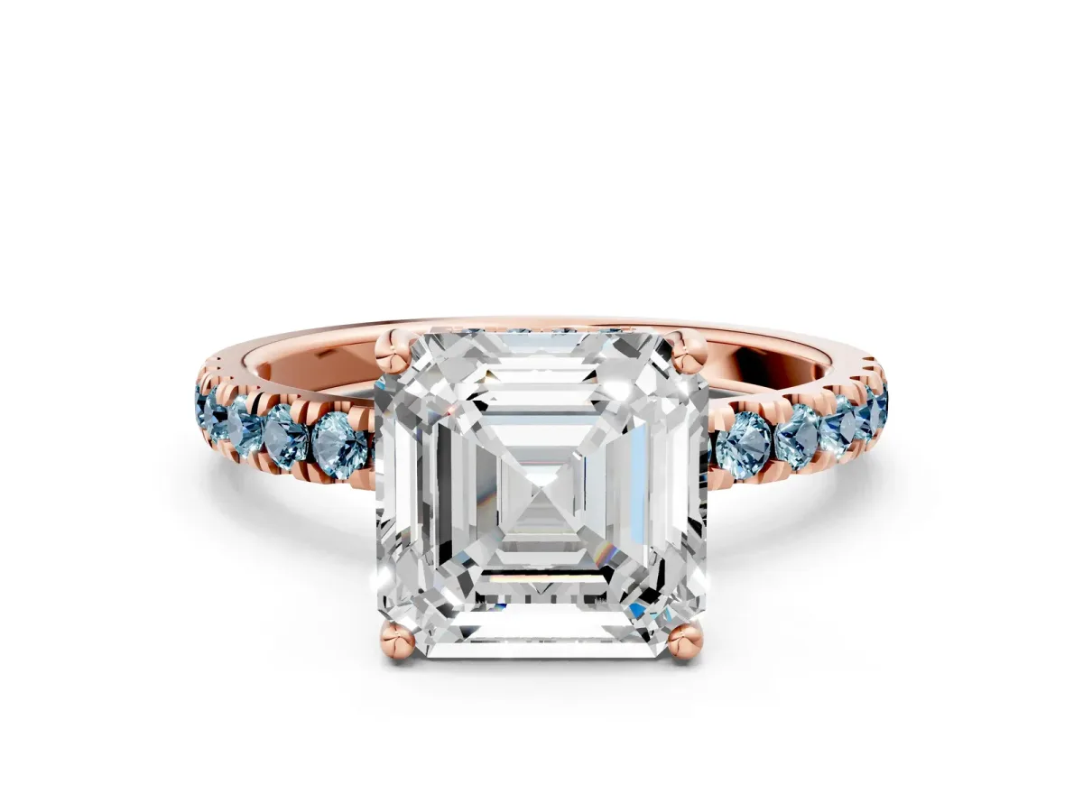 Asscher Cut Diamond Pave Band Solitaire Ring with Round Aquamarine and Prong Setting Rose gold