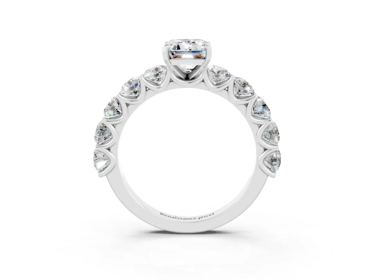 Emerald Cut Moissanite Prong Setting with Side Stones on a Pave Band Silver