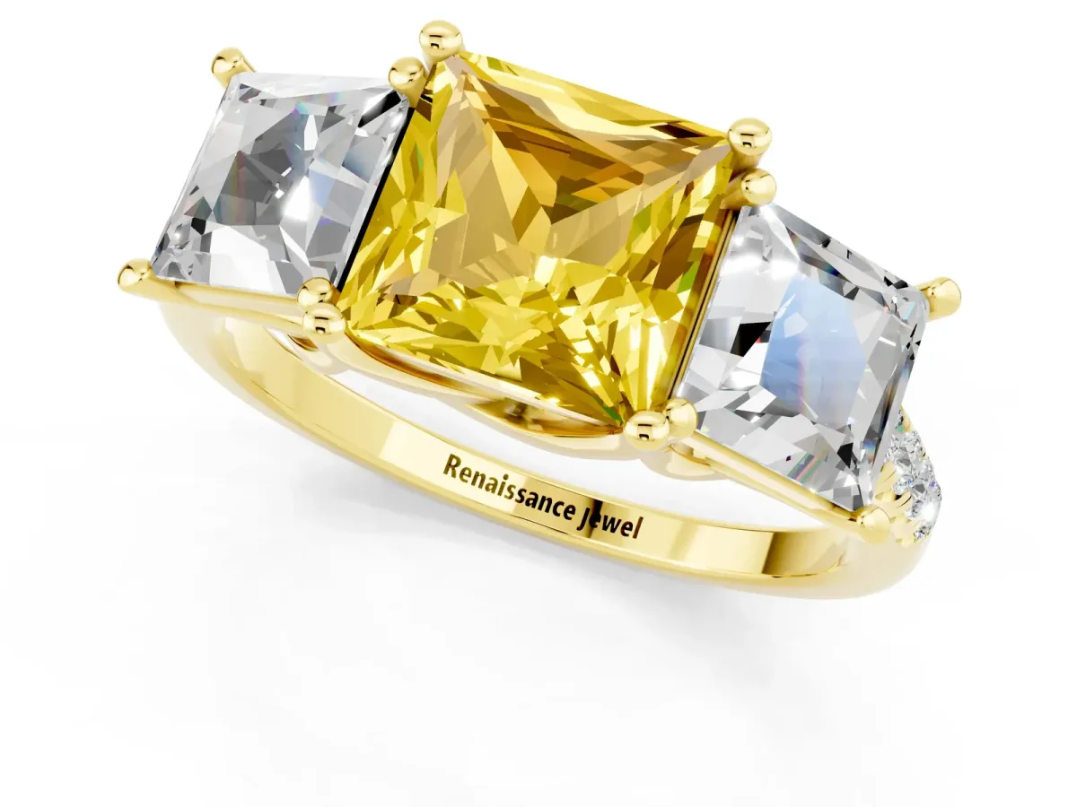 Three-Stone Princess Cut Yellow Sapphire Ring with Round Pavé Band and Prong Setting Yellow gold
