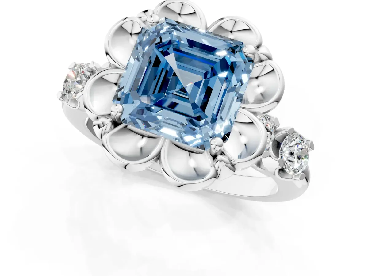 Fancy Blue Asscher Cut Cut Diamond Floral Halo Engagement Ring with Shared Prong Setting Platinum