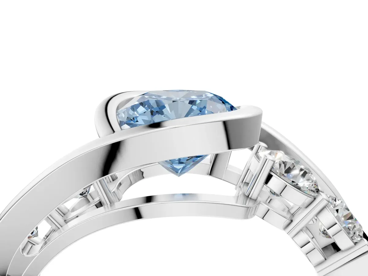 Fancy Blue Bezel Set Cushion Cut Diamond Bypass Ring with Round Accents Silver