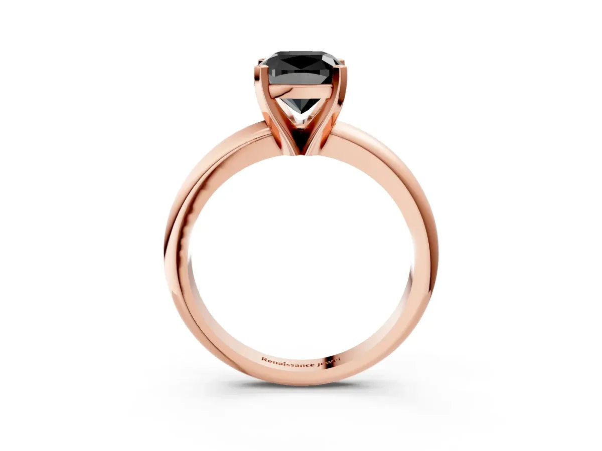Fancy Black Cushion Cut Diamond Solitaire Engagement Ring with Round Band and Four-Prong Setting Rose gold