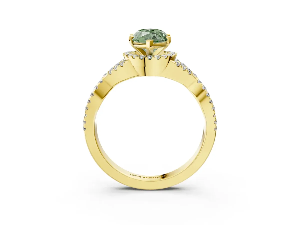 Fancy Green Heart Cut Diamond Halo Twist Band Solitaire Prong Setting Ring Yellow gold