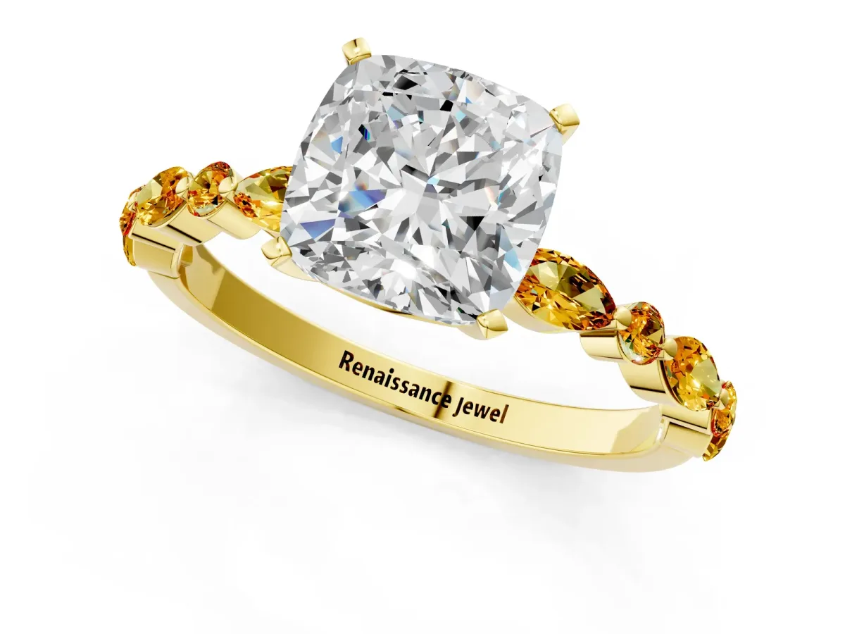 Cushion Cut Diamond Ring with Marquise and Round Citrine Side Stones and Four-Prong Setting Yellow gold