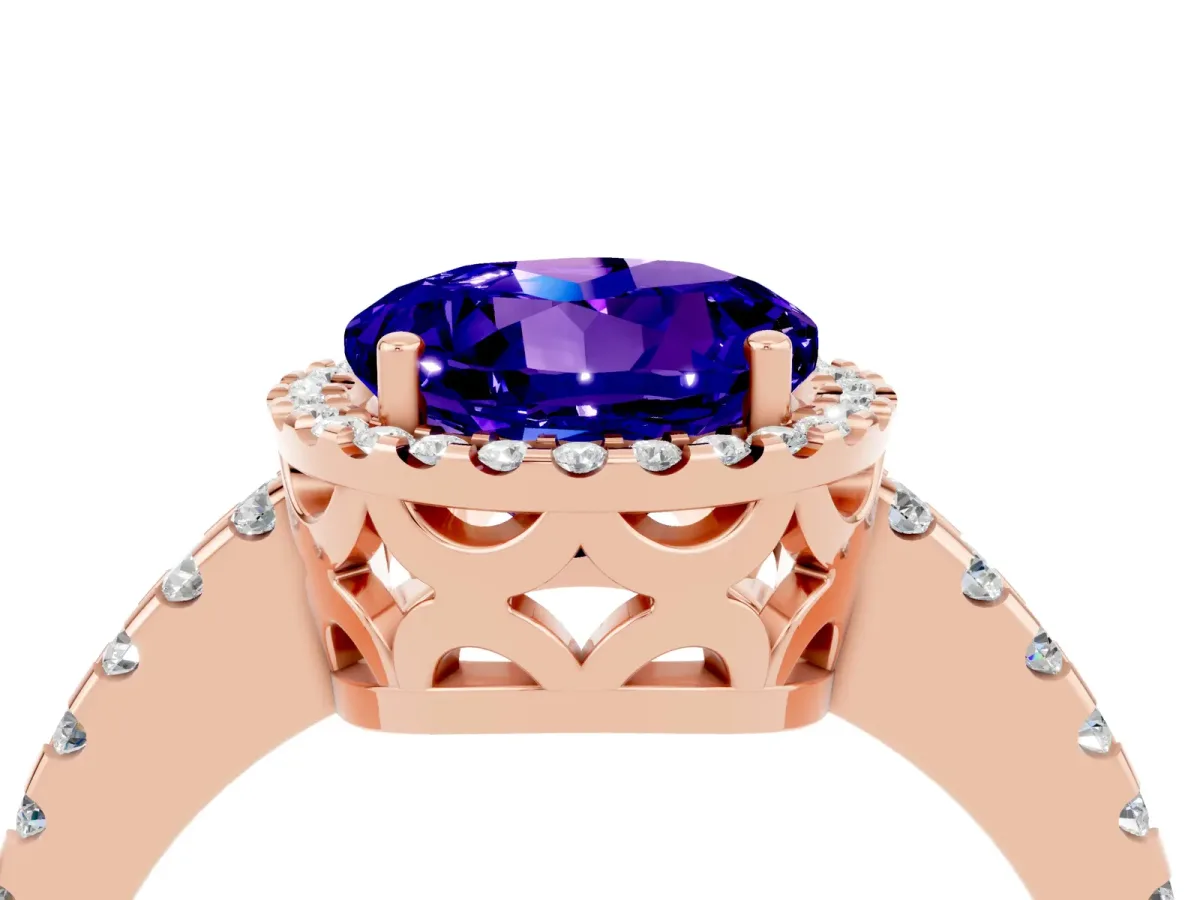 Round Cut Tanzanite Halo Engagement Ring with Pavé Band and Prong Setting Rose gold