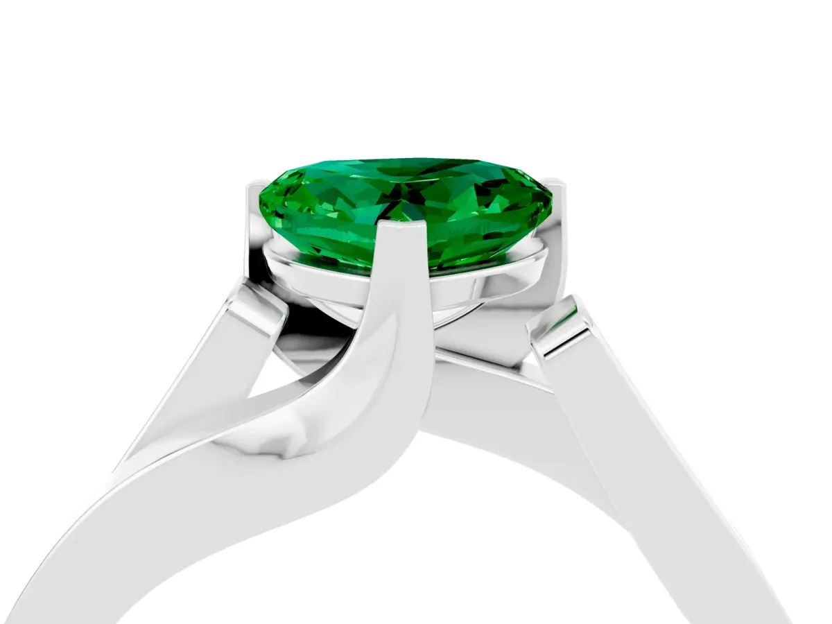 Modern Tension Set Heart Cut Emerald Solitaire Wide Band Ring Platinum