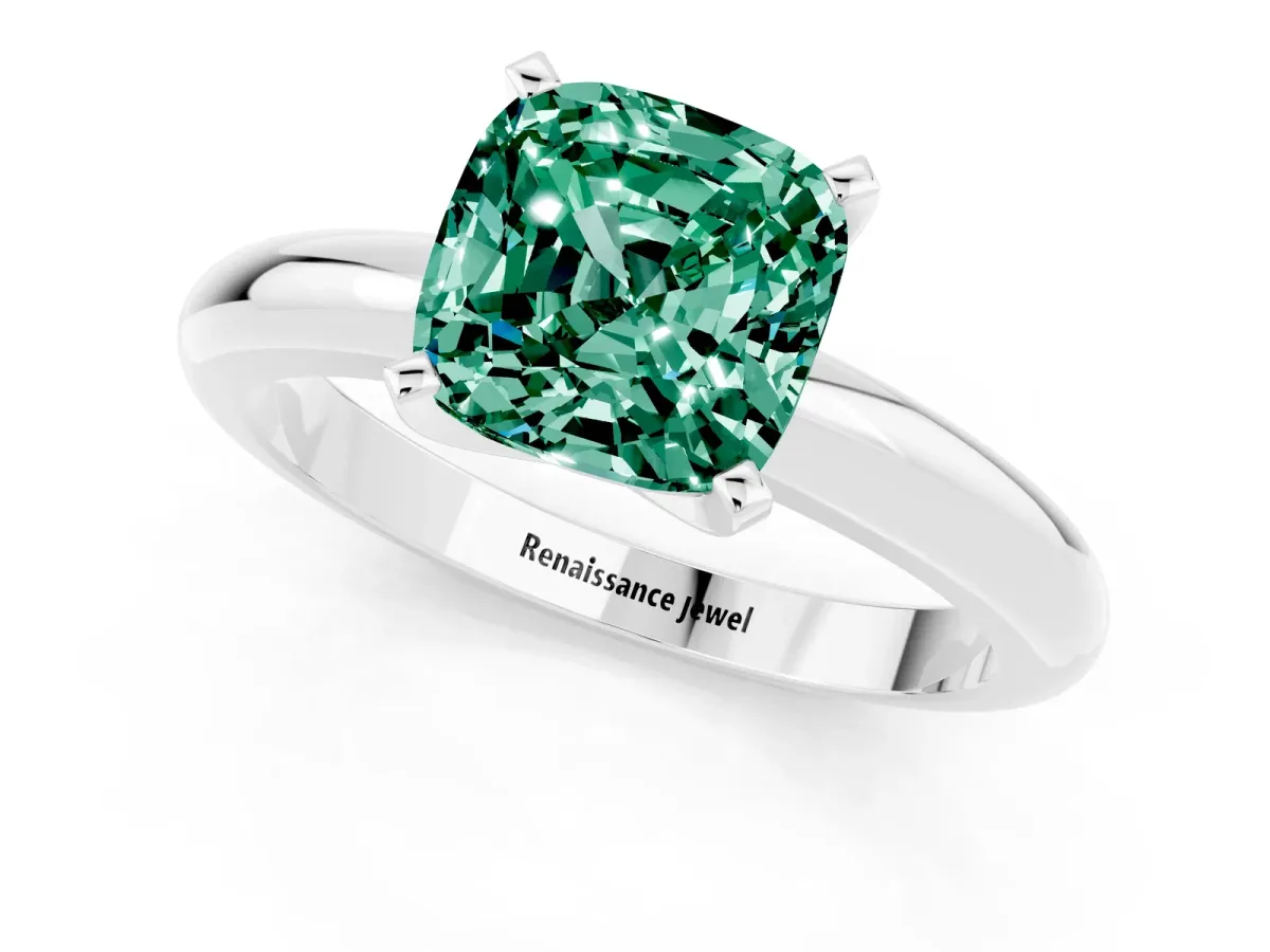 Cushion Cut Green Sapphire Solitaire Engagement Ring with Round Band and Four-Prong Setting White gold
