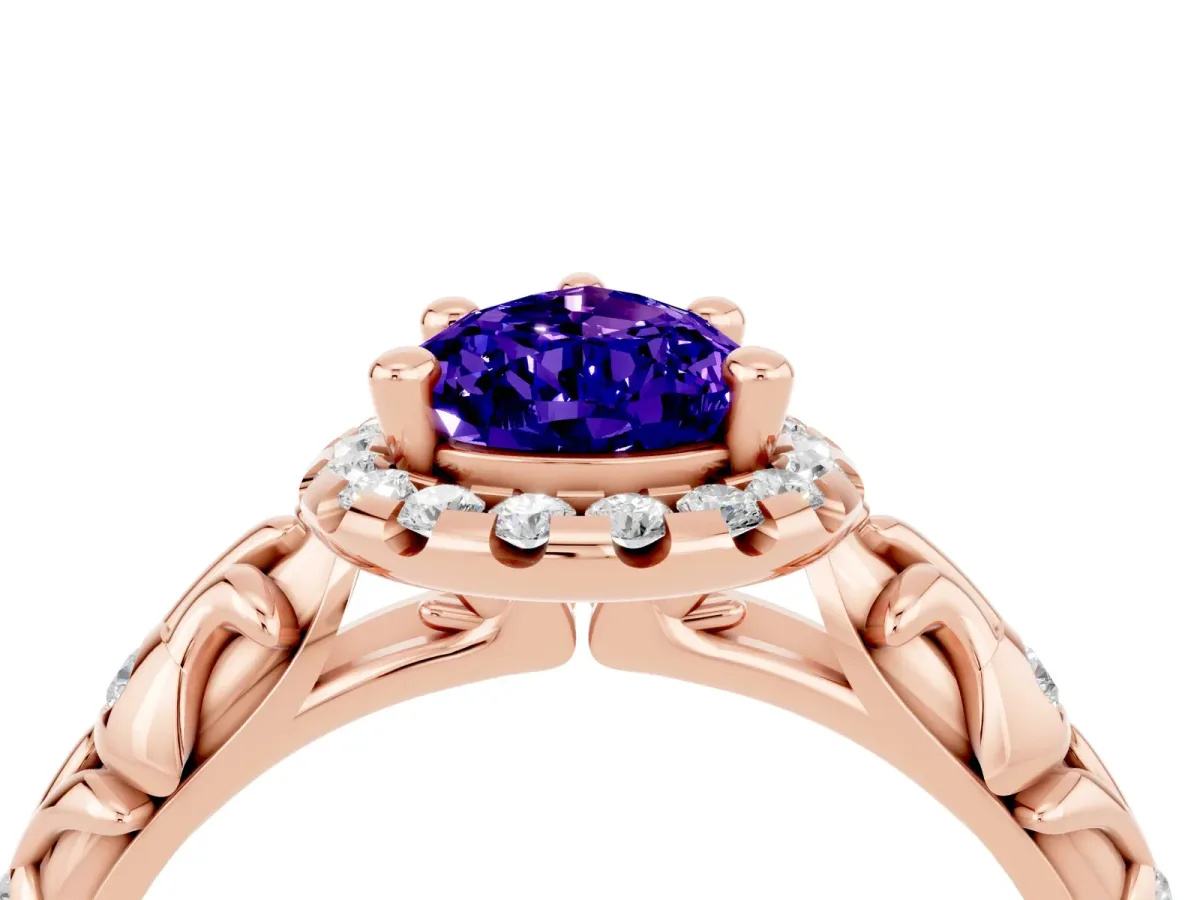 Pear Cut Tanzanite Halo Ring with Filigree Band and Prong Setting Rose gold