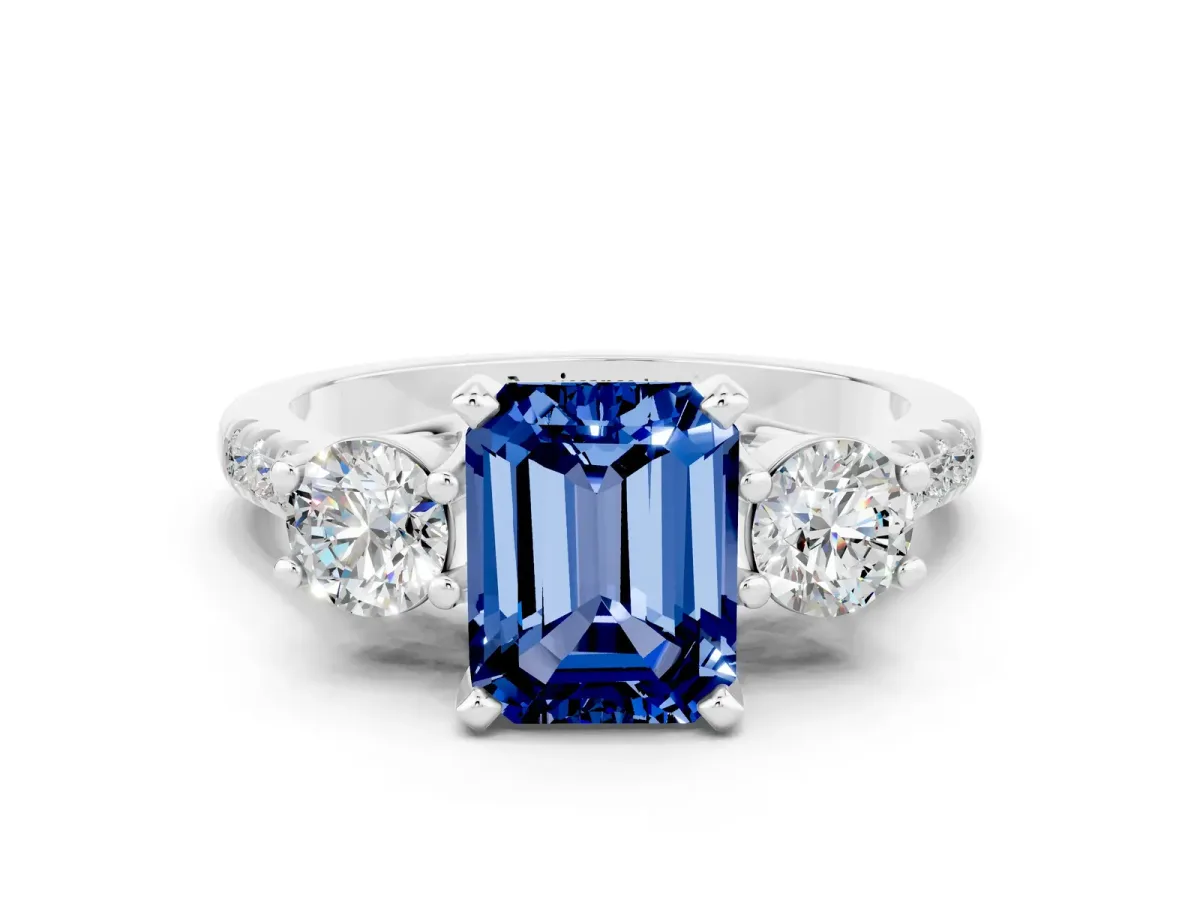 Three-Stone Emerald Cut Blue Sapphire Pavé Band with Four-Prong Setting Silver