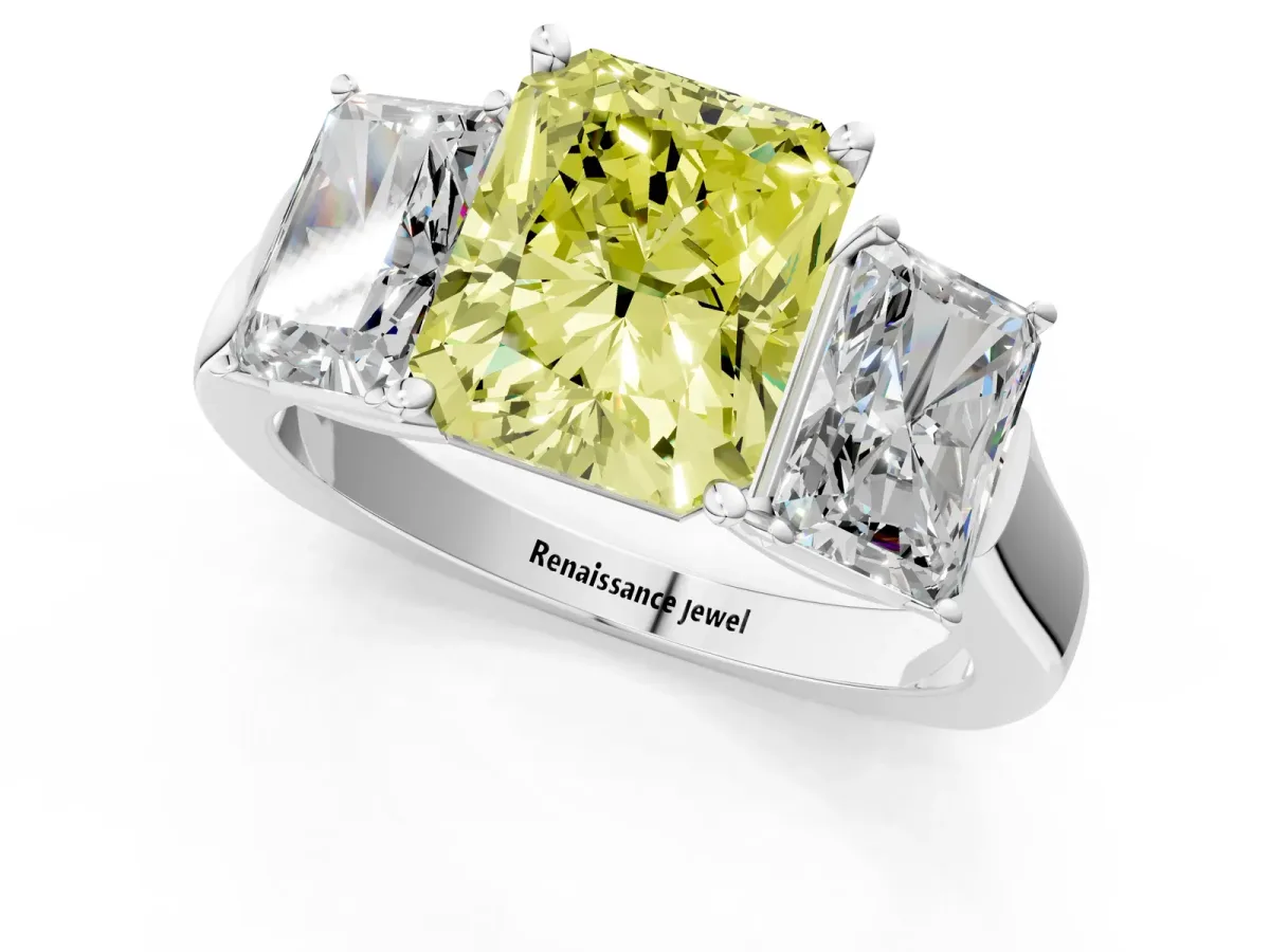 Fancy Yellow Three-Stone Radiant Cut Brilliant Diamond Trellis Ring with Comfort Fit Band Platinum