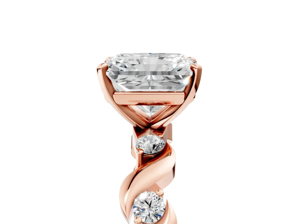 Radiant Cut Diamond Solitaire Twisted Band with Round Accents and Prong Setting Rose gold