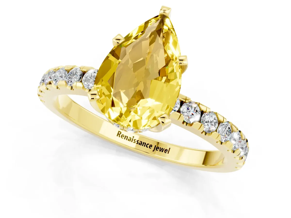 Pear Cut Yellow Sapphire Solitaire Ring with Round Pavé Band and Four-Prong Setting Yellow gold