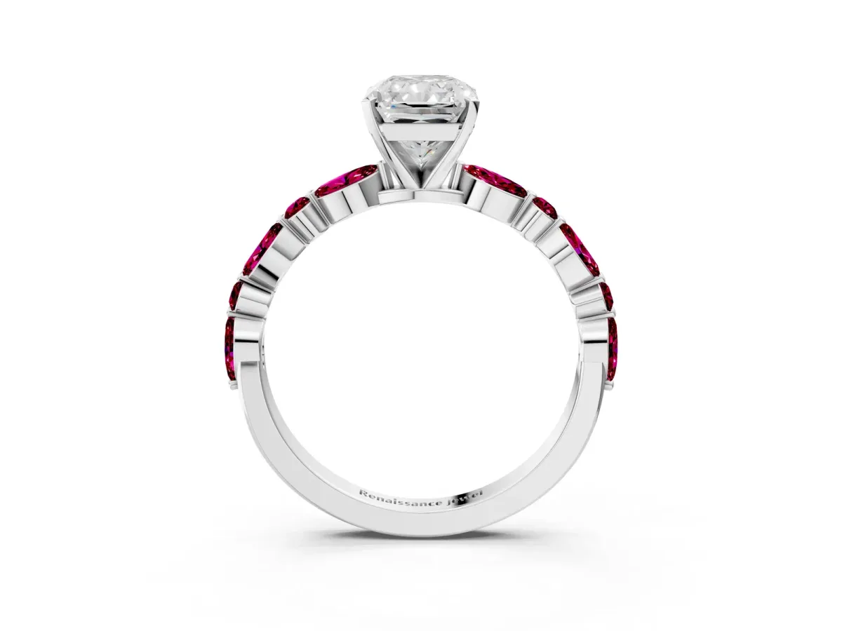Radiant Cut Diamond Ring with Marquise and Round Garnet Side Stones and Four-Prong Setting White gold