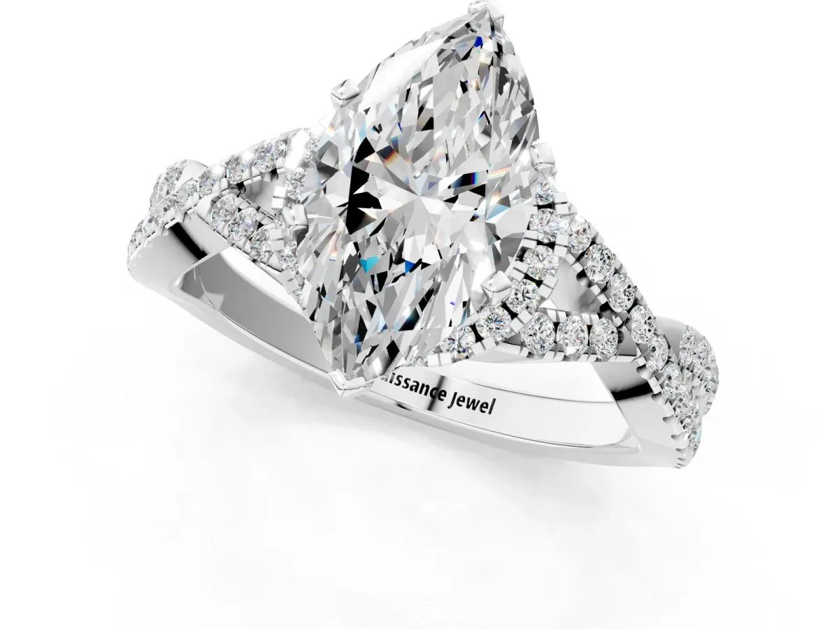 Marquise Cut Diamond Moissanite Halo Twist Band Solitaire Prong Setting Ring White gold