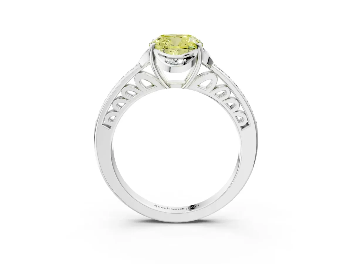 Fancy Yellow Cushion Cut Cut Halo Diamond Ring with Channel Set Band and Four-Prong Setting White gold
