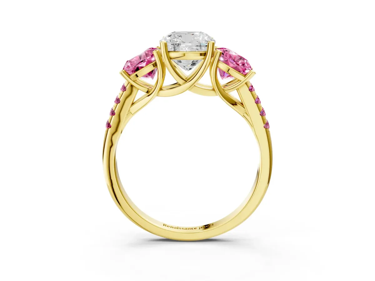 Three-Stone Cushion Cut Diamond Ring with Round Pink Sapphire Pavé Band and Prong Setting Yellow gold