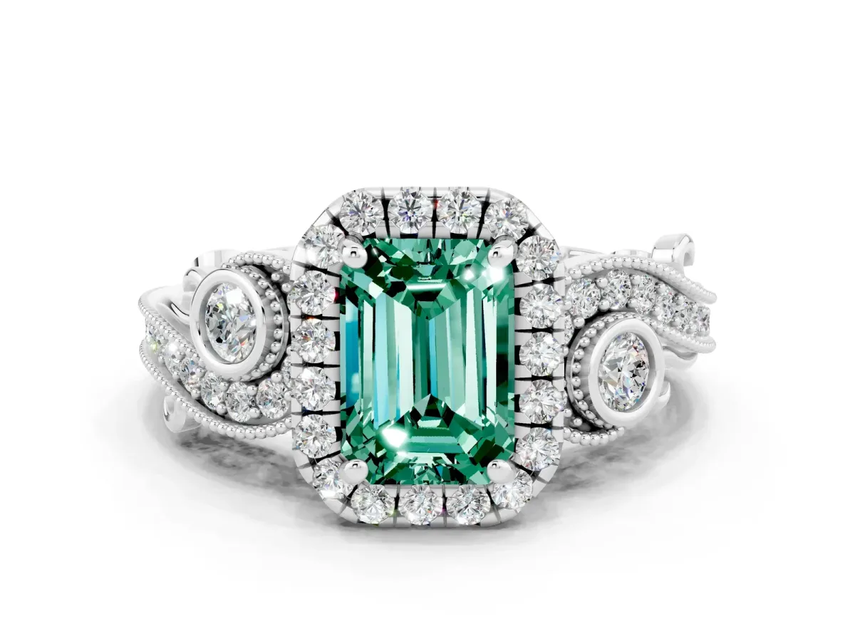 Emerald Cut Green Sapphire Halo Ring with Milgrain Pavé Band and Four-Prong Setting White gold