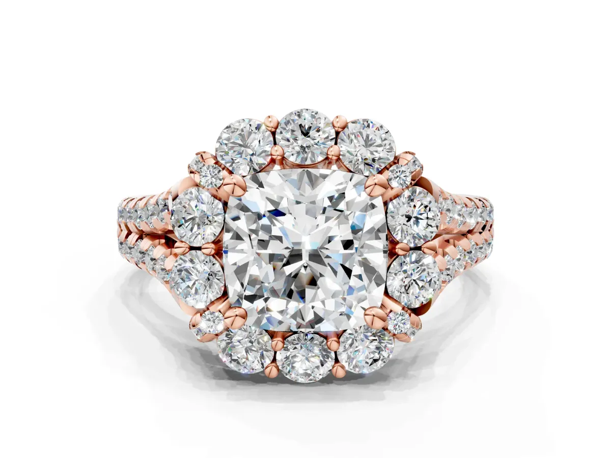 Cushion Cut Halo Split Shank Diamond Engagement Ring with Pave Band and Four-Prong Setting Rose gold