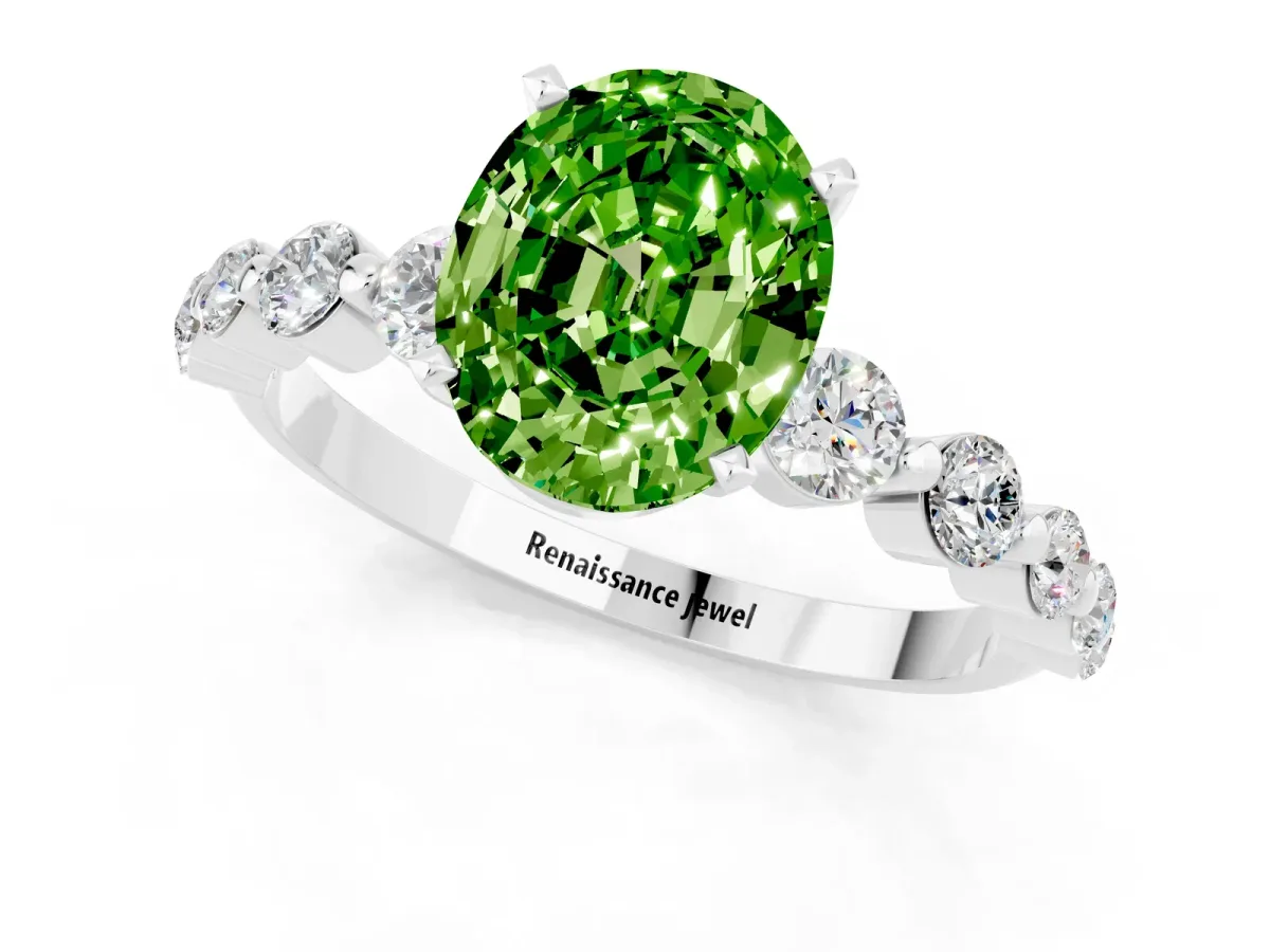 Oval Cut Solitaire Peridot Ring with Pave Band and Four-Prong Setting Platinum