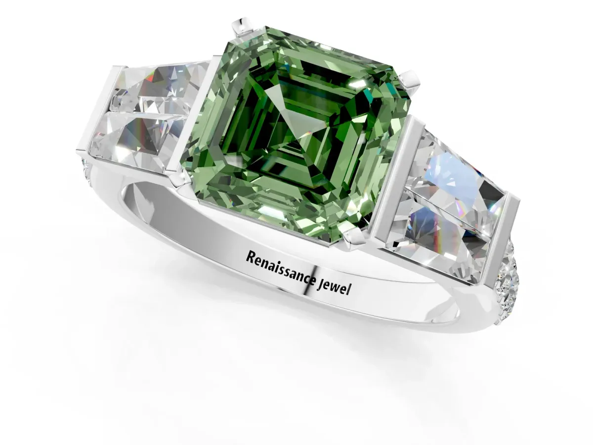 Fancy Green Asscher Cut Diamond Engagement Ring with Baguette Side Stones and Channel Set Band Platinum
