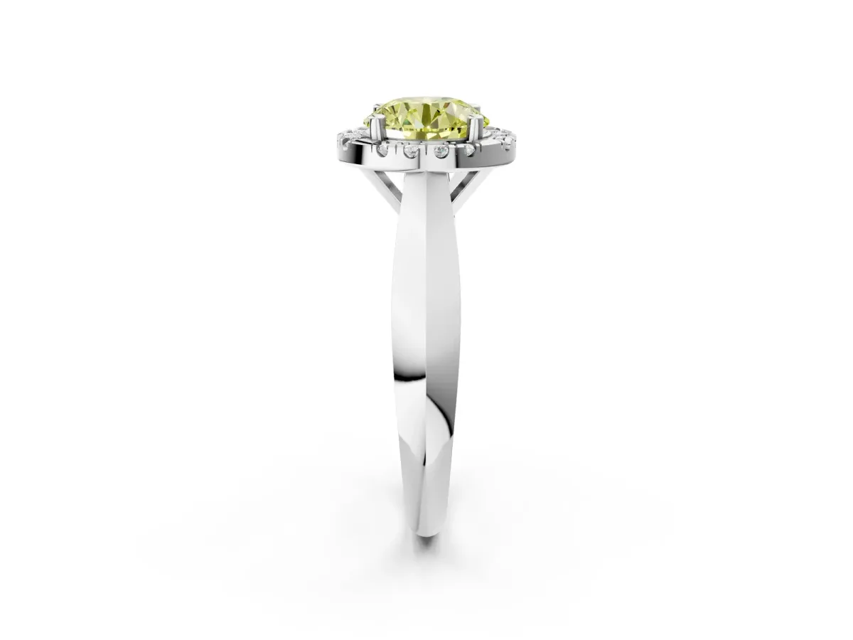 Fancy Yellow Round Cut Cut Halo Solitaire Engagement Ring with Square Band and Four-Prong Setting White gold