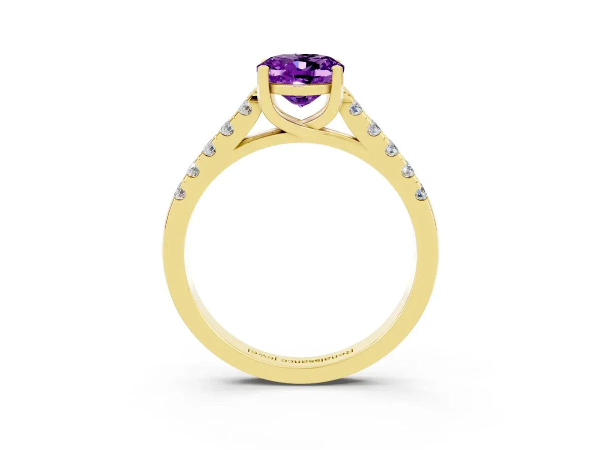 Oval Cut Amethyst Pavé Band Solitaire Ring with Prong Setting Yellow gold