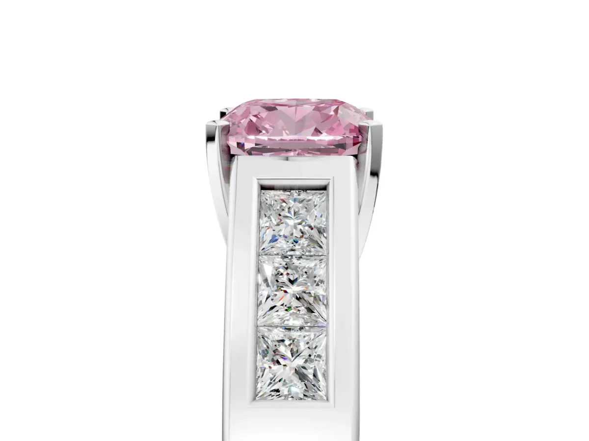Fancy Pink Cushion Cut Cut Channel Set Solitaire Ring with Four-Prong Setting Platinum